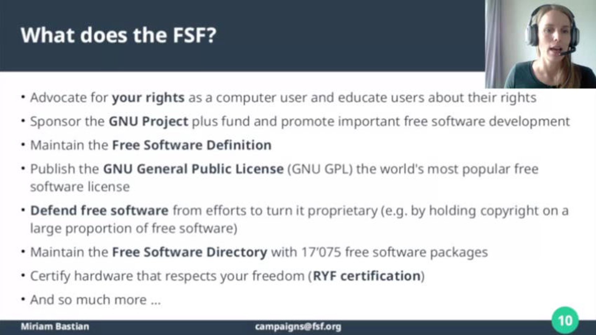 FSF's Miriam Bastian speaks to meetup in Thessaloniki, Greece (2025)