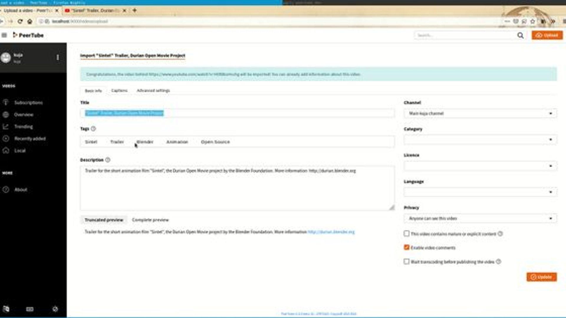 PeerTube - YouTube video import demonstration