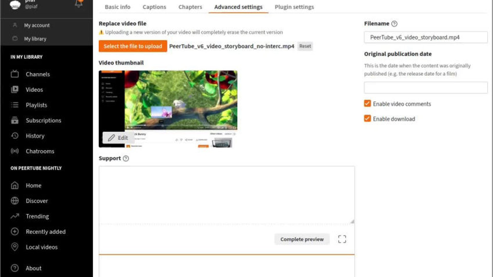 PeerTube V6: reupload video