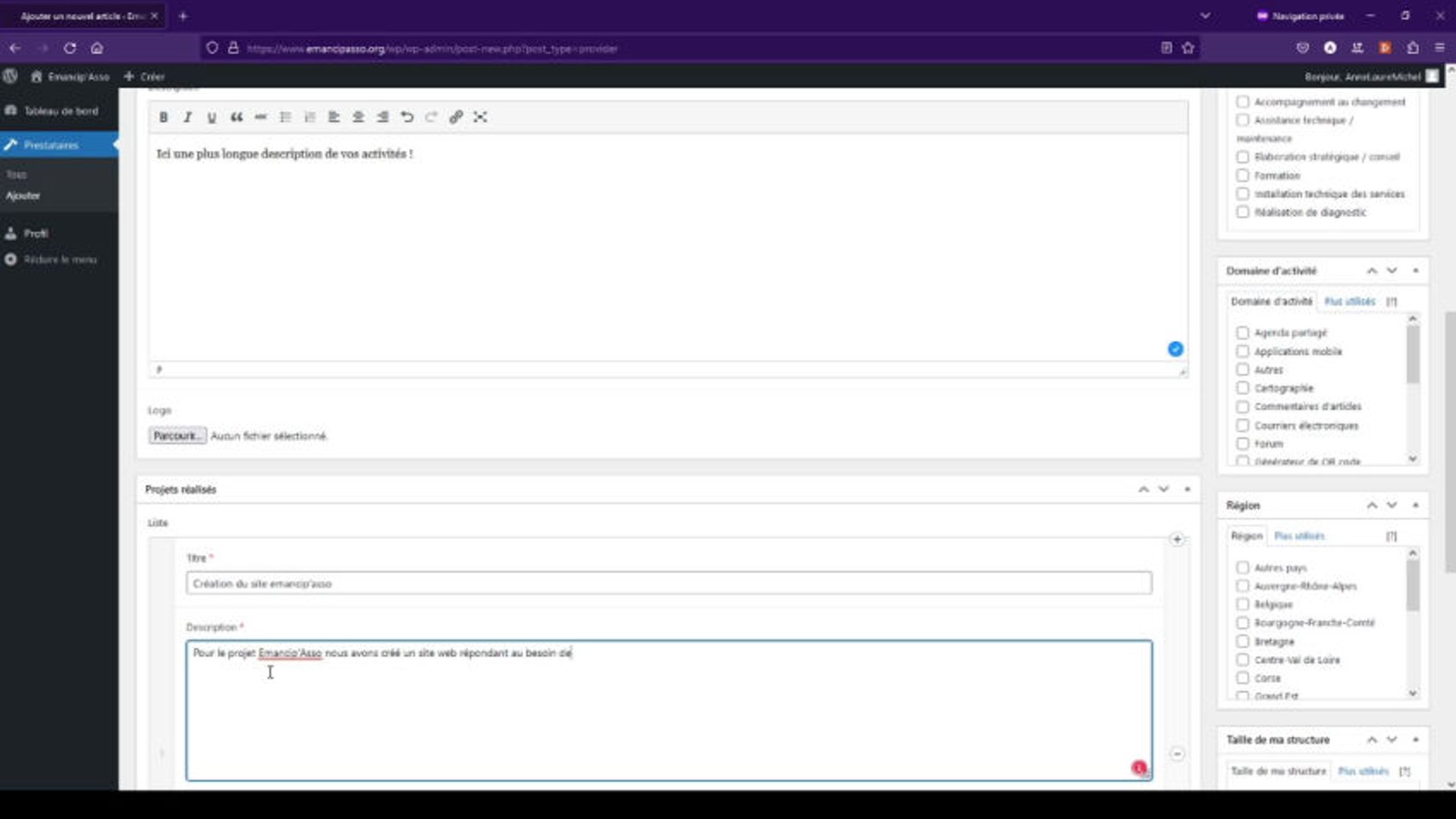 Tuto pour les prestataires sur le site emancipasso.org